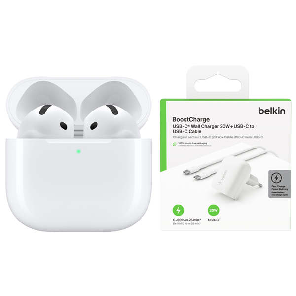 Pack Airpods 4a Gen Control ruido con cargador y cable Belkin